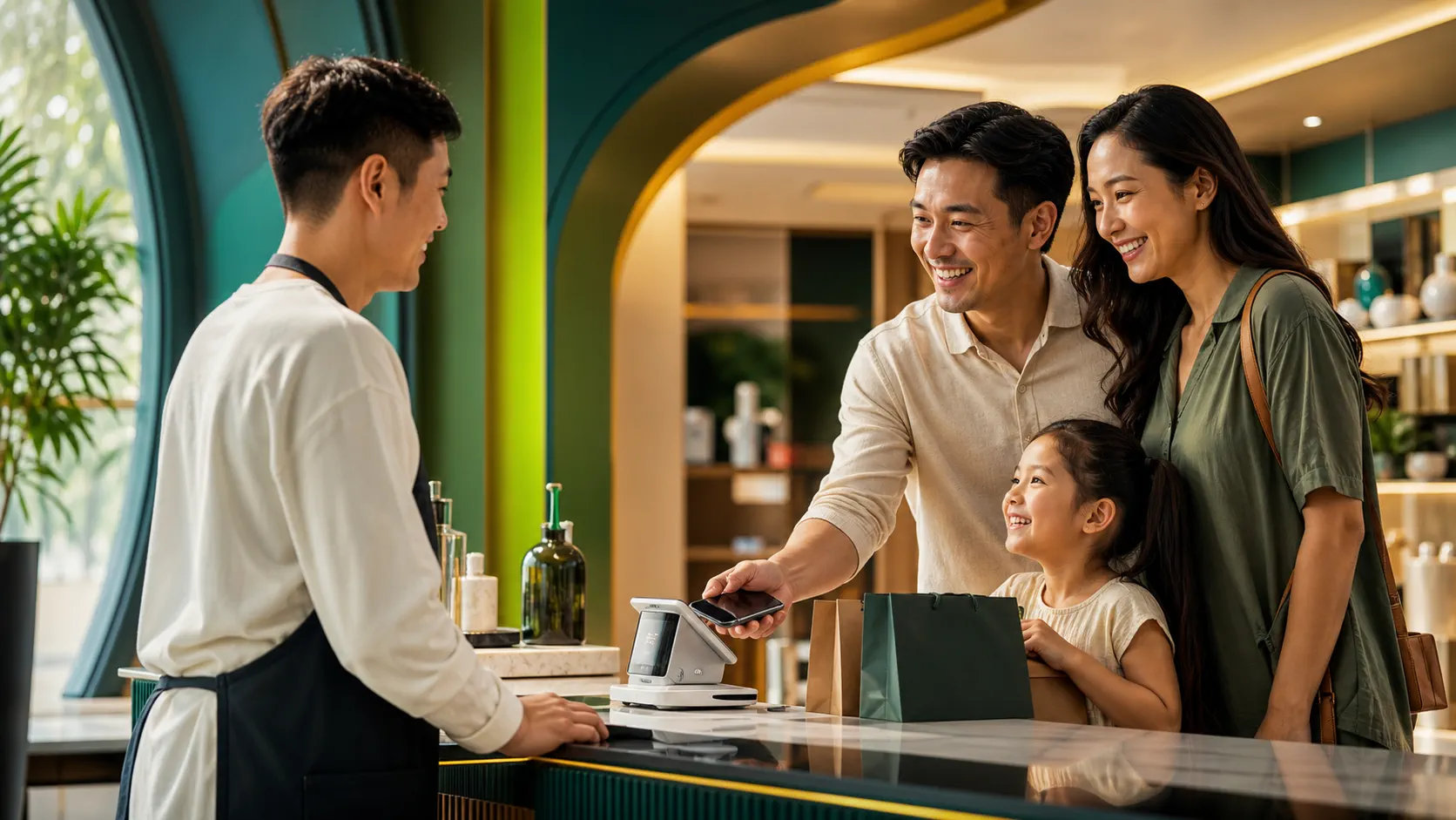 A happy family completing a contactless payment at a modern shop